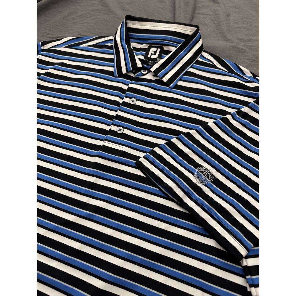 FootJoy FJ Polo Shirt Mens XL Blue Black Wht Stripe Golf Metairie CC Performance